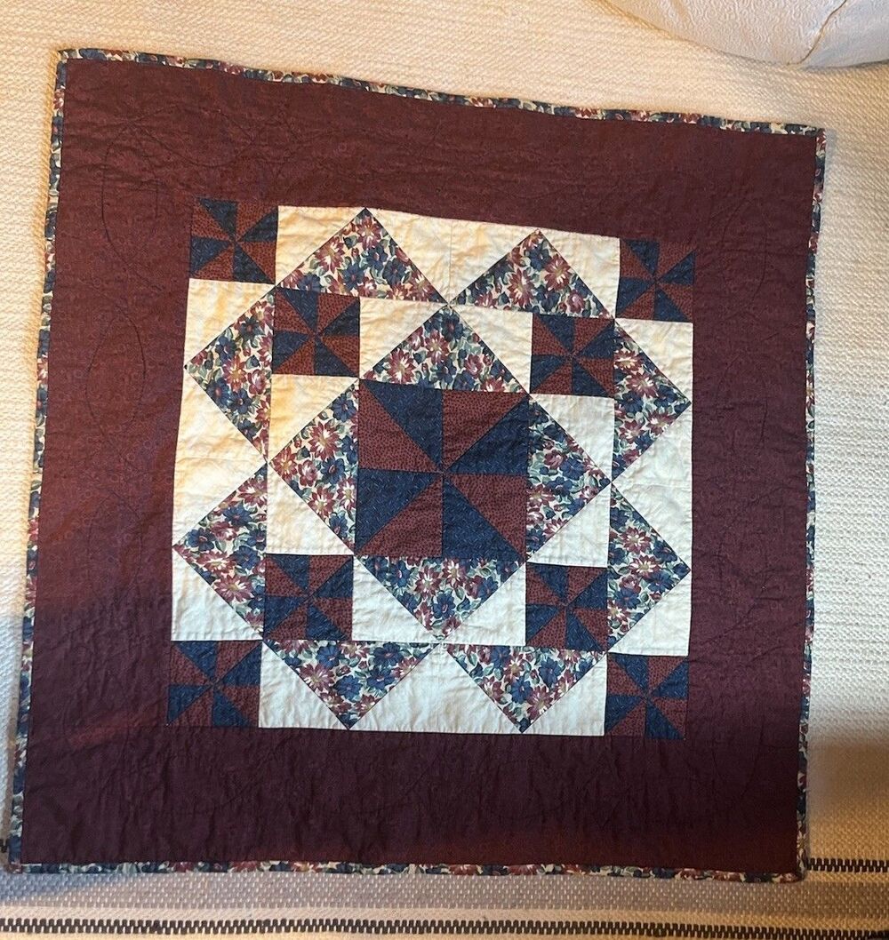 Decorative Wall Tapestry Floral Burgandy Blue Handmade 34” X 34” Quilted